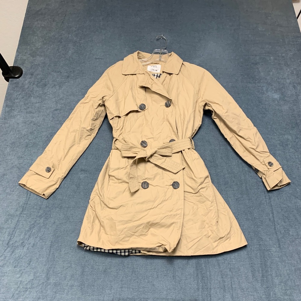 Zara Trench Coat Girls 13-14 Beige Lined Vented Back Double Breasted Tie Waist